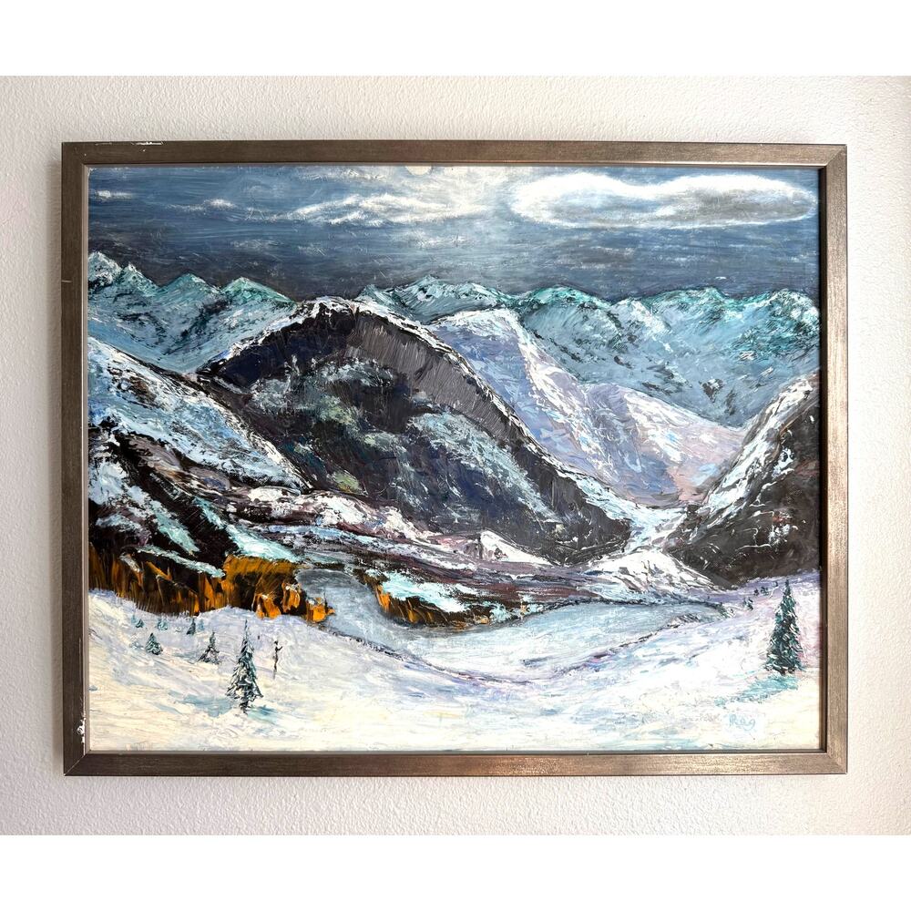 Mid-Century Impasto Winter Mountain Landscape Oil Painting Signed “Reg”
